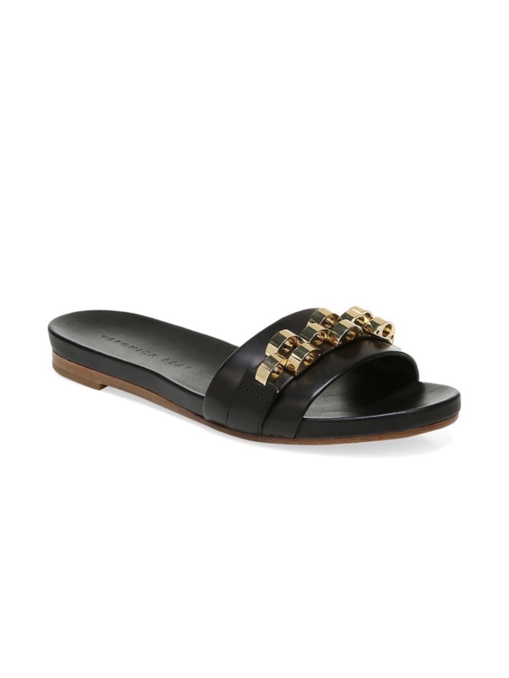 Veronica Beard ENI black Chain-Trimmed Leather Slides Gold hardware 5.5